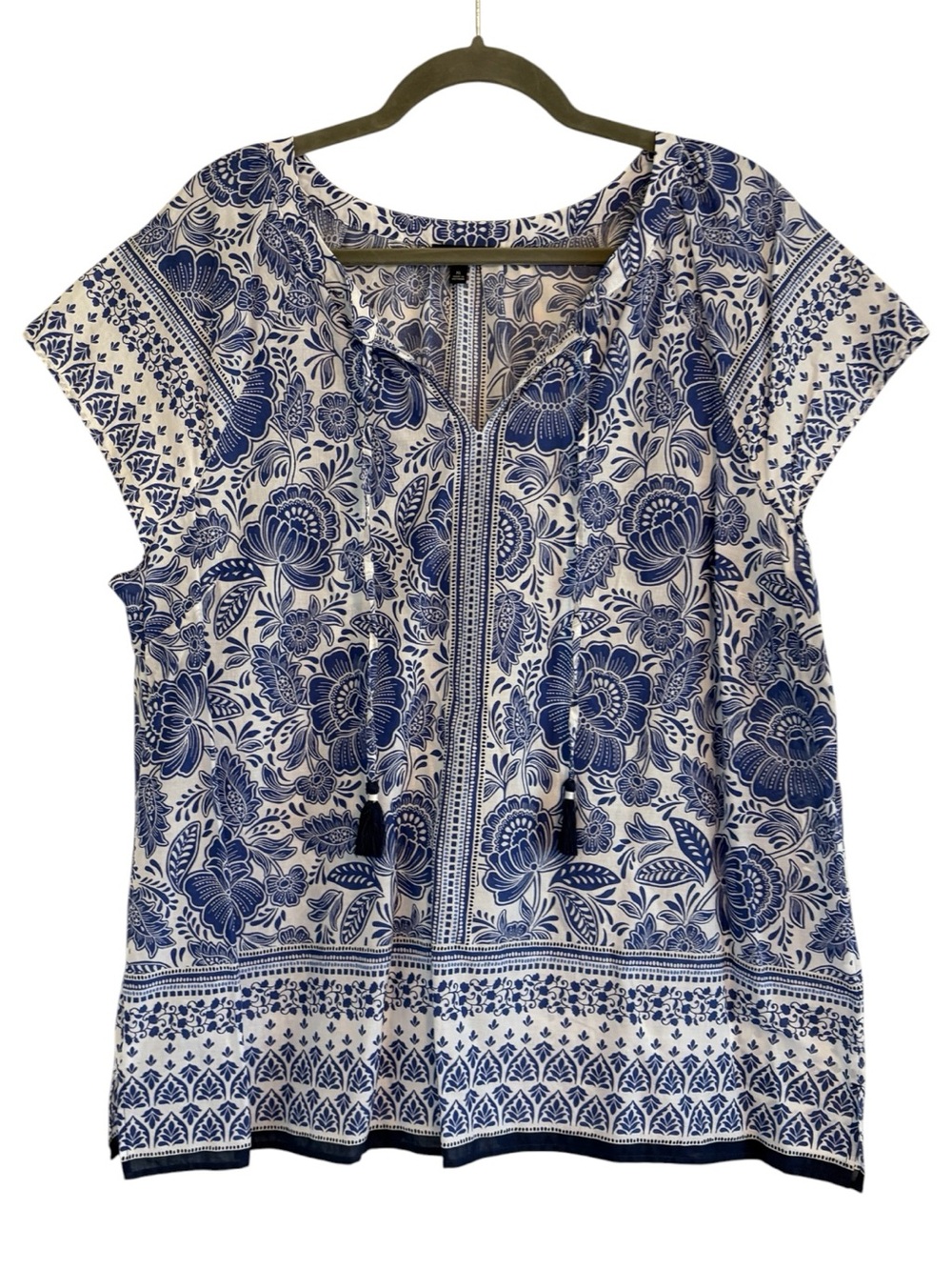 Talbots White and Blue Floral Peasant Blouse Sz XL